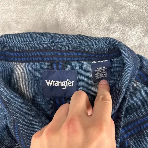 Wrangler Blue Plaid Striped Flannel Peral Snap Long-sleeve Shirt Size XXL - Picture 3 of 6